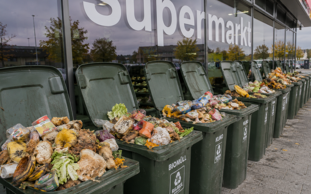 Overflowing green waste bins outside a supermarket with rotting fruits and vegetables spilling onto the lids.